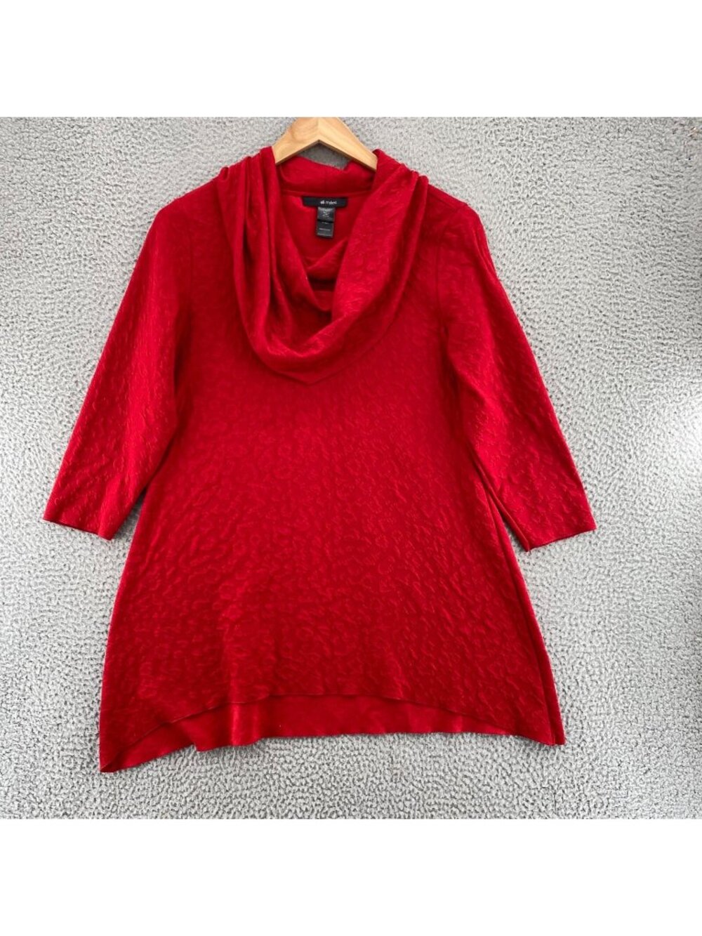 Ali Miles Top Women Large Red Cowl Neck Textured 3/4 Sleeve Stretch Tunic Dress*